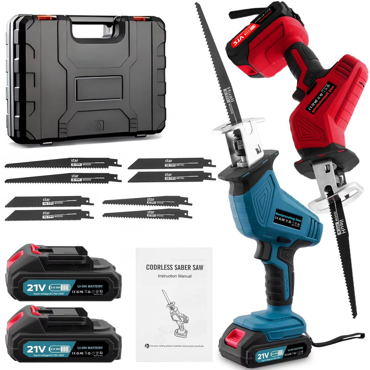 Blue and red electric reciprocating saws with two batteries, eight blades, a charger, and a black storage case.
