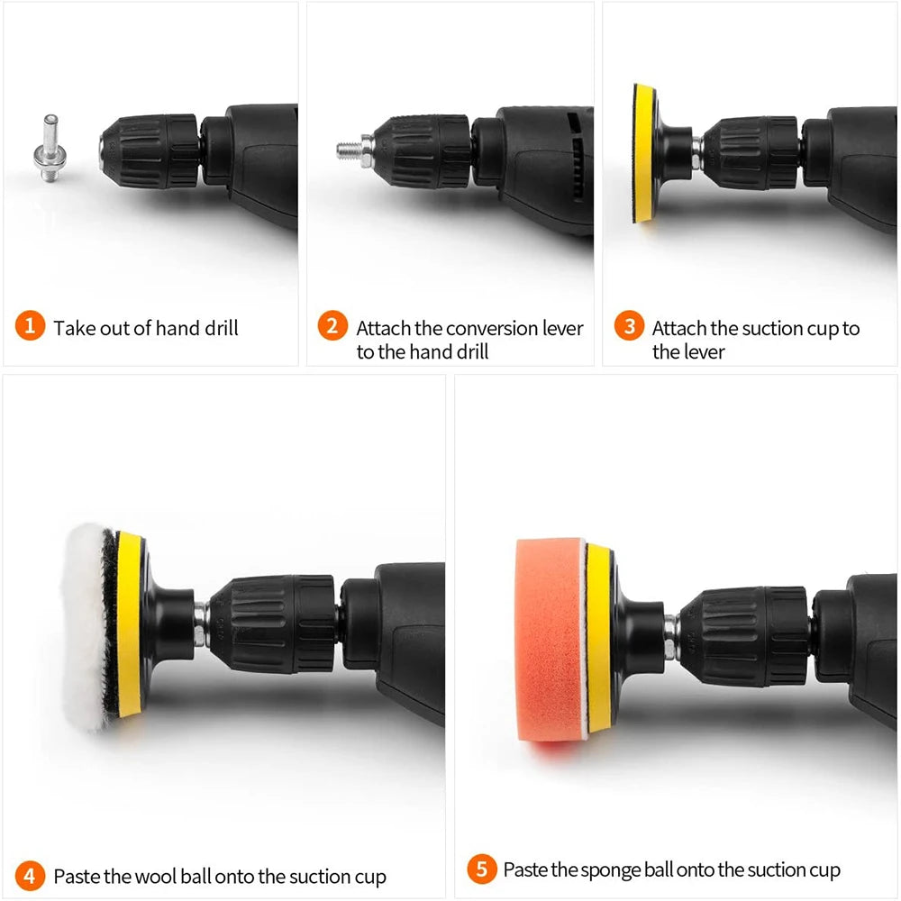 Step-by-step instructions showing a black hand drill fitted with a drill adapter, suction cup, and sponge pads.