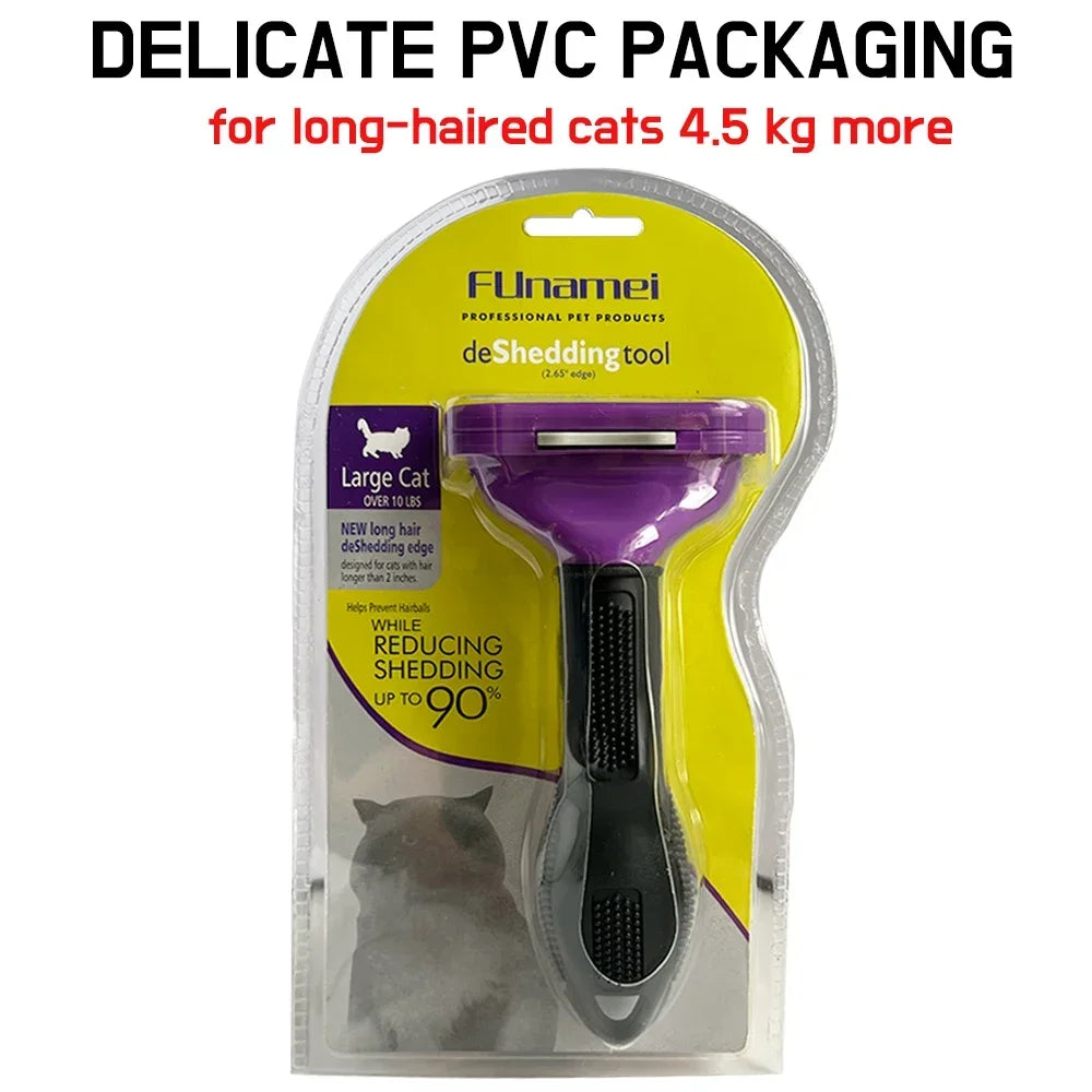 Funamei purple and black deShedding tool for large, long-haired cats in yellow and clear PVC blister packaging.