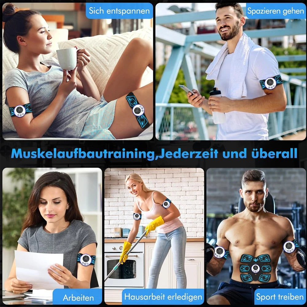 Black and blue wireless EMS muscle stimulators worn on arms and abs by men and women during daily activities.