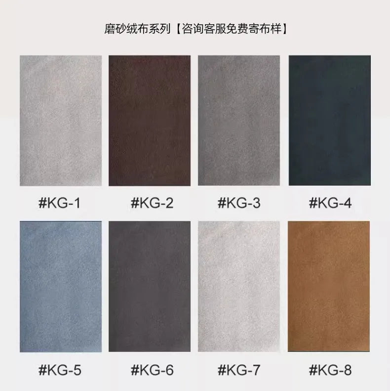 A grid of eight velvet-touch fabric swatches in neutral and earthy tones for a modern Nordic upholstered bed frame.