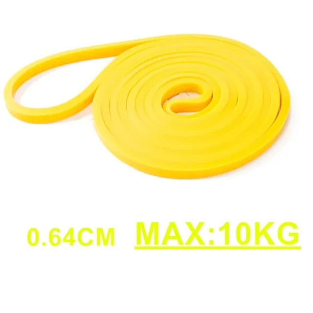Coiled yellow resistance band, 0.64cm wide, with a 10kg max resistance rating.