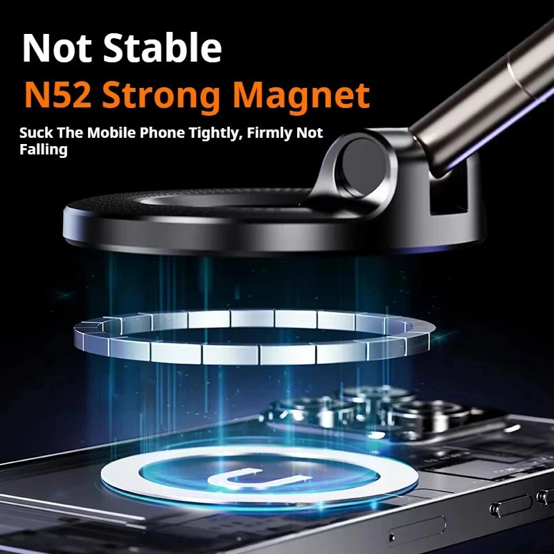 Black magnetic mobile phone mount arm hovering over a smartphone with a circular magnetic ring attachment.