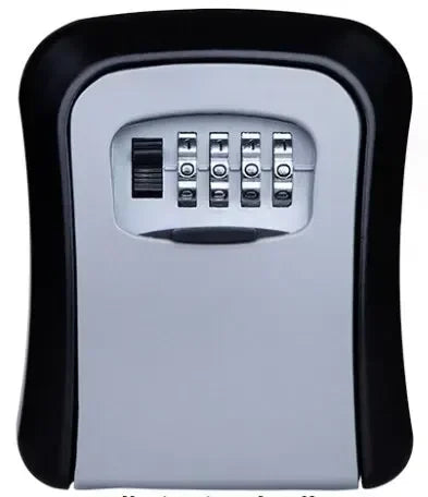 Black and grey metal wall-mounted key lock box with a four-digit combination dial.