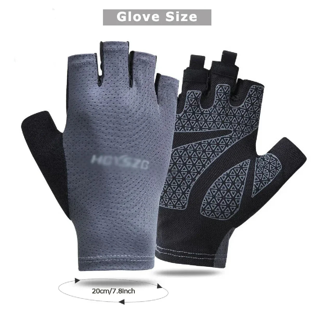 Grey and black fingerless sports gloves with a textured triangular grip pattern on the palm.