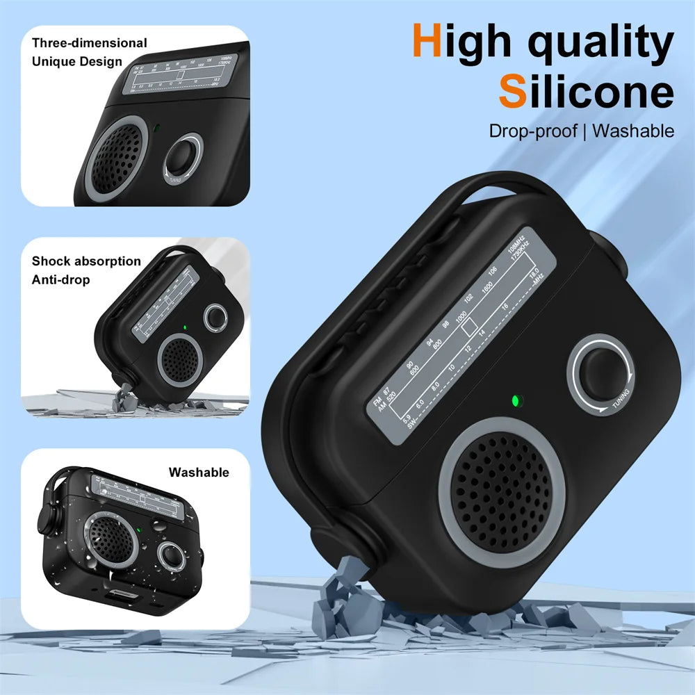 Black retro radio-style silicone case for Apple AirPods, featuring a shockproof, washable 3D design.
