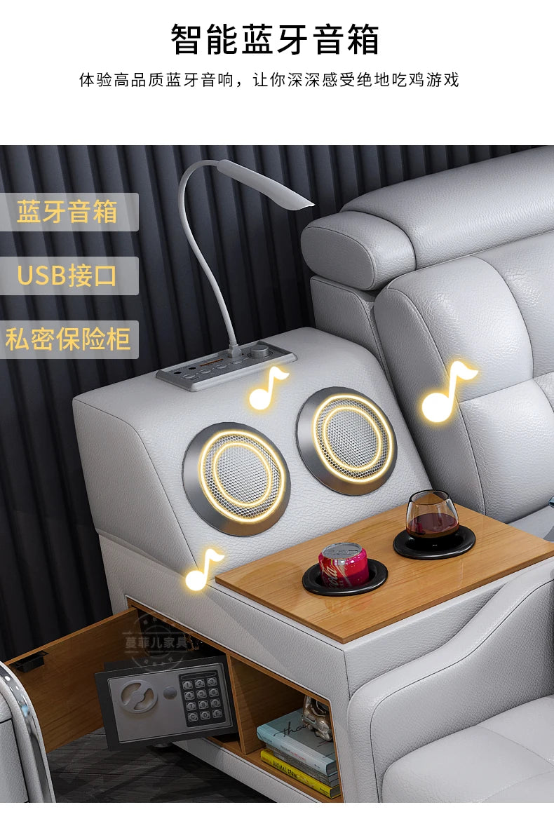 Modern light grey faux leather double bed with padded headboard, integrated speakers, USB port, and built-in safe.