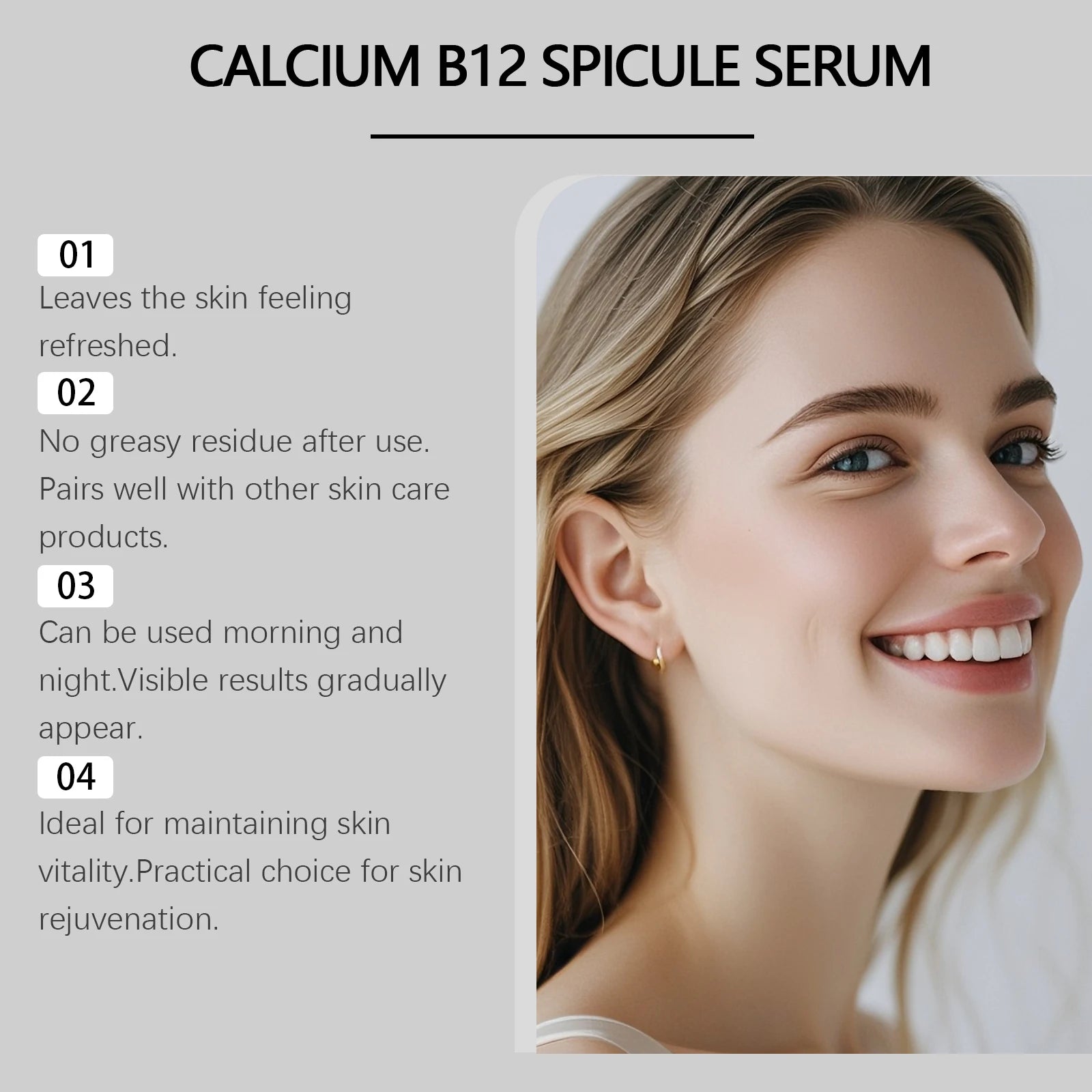 Smiling woman with clear skin, next to text outlining the benefits of Calcium B12 Spicule Serum for rejuvenation.
