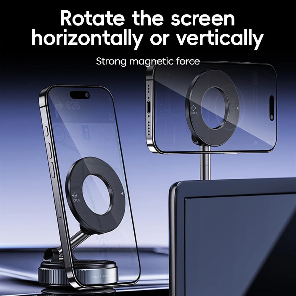 Black magnetic smartphone car mount showing phones in portrait and landscape orientations. Sleek, modern design.