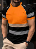 Men’s high-visibility T-shirt in orange and black with reflective silver stripes on the sleeves and chest.