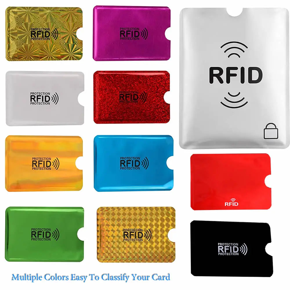 A collection of multicolored, metallic RFID blocking card protector sleeves in various finishes and textures.