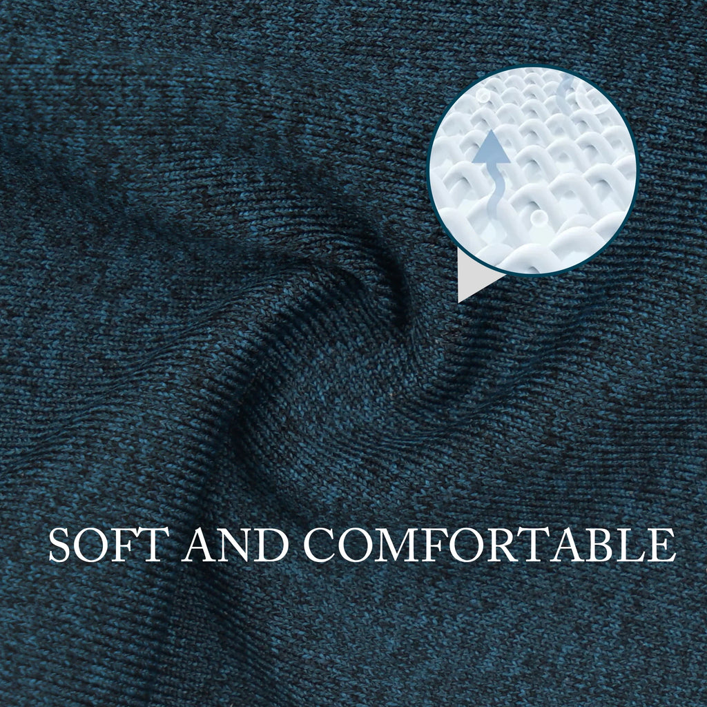 Close-up of deep teal knitted fabric with a circular graphic showing breathable, soft material. Text: Soft and comfortable.