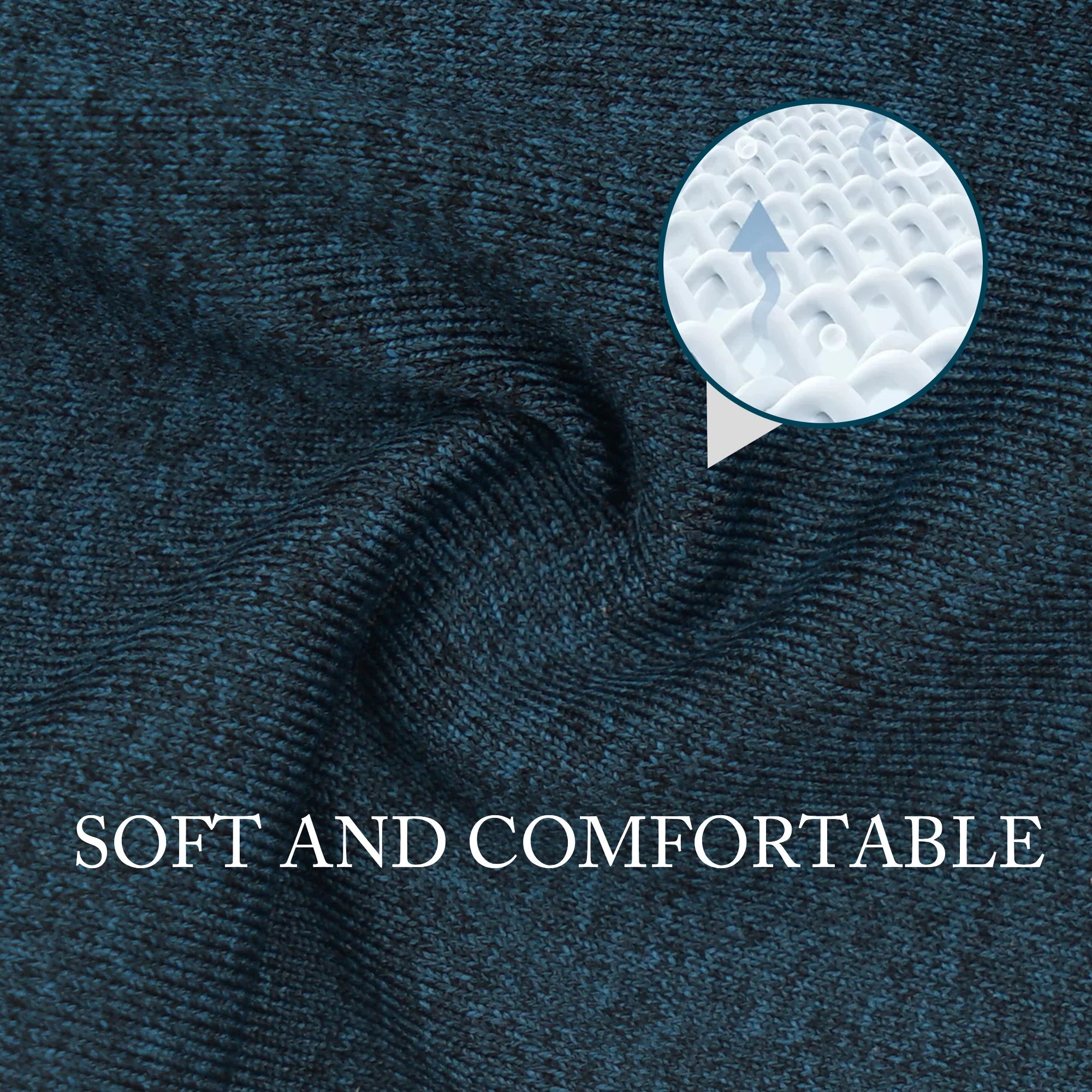 Close-up of deep teal knitted fabric with a circular graphic showing breathable, soft material. Text: Soft and comfortable.