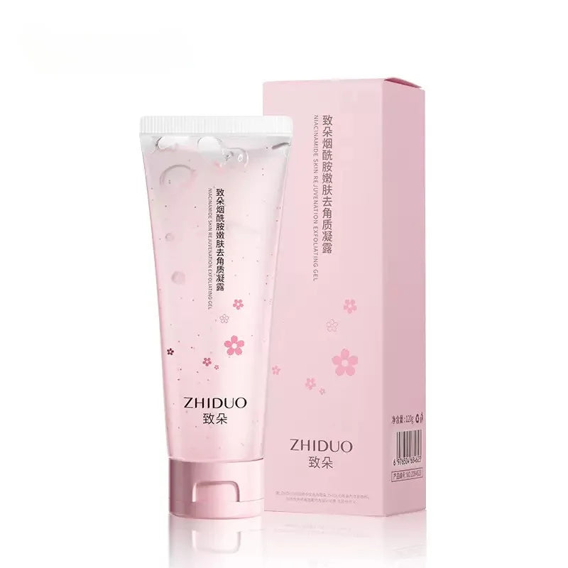 Clear, pink-tinted skin rejuvenating exfoliating gel in a squeeze tube with a matching pink box and floral details.