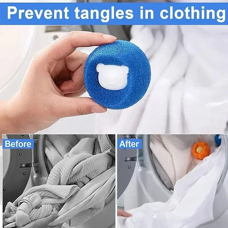 A blue, textured laundry washing ball with a cute white bear face, designed to prevent clothing from tangling.