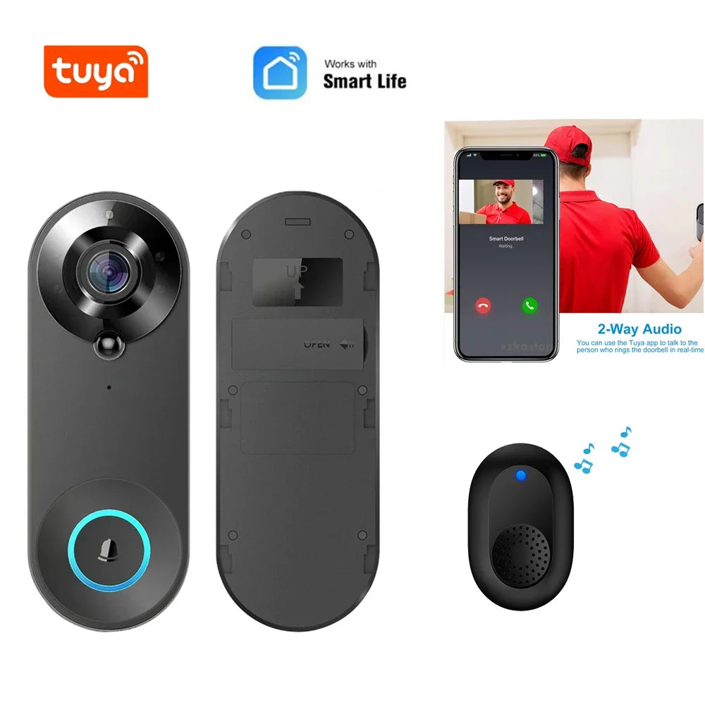 Black 1080p wireless video doorbell with night vision, illuminated push button, chime, and two-way audio app access.