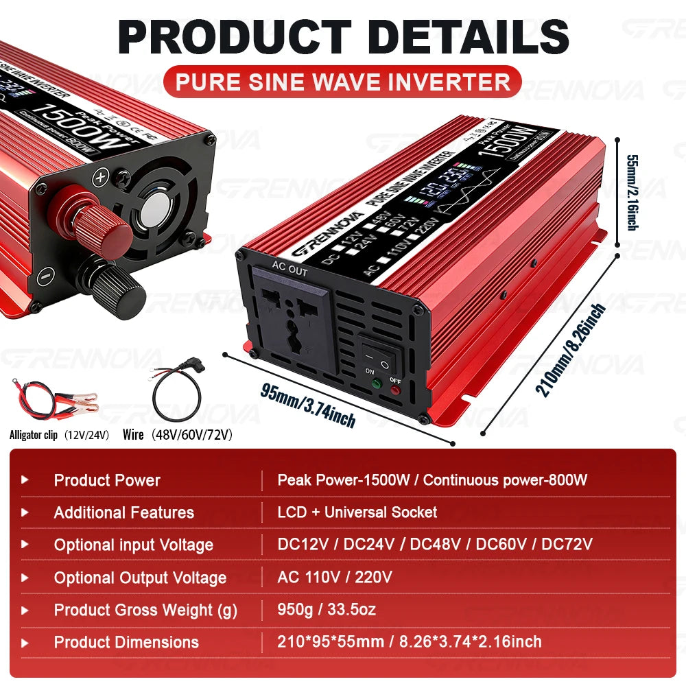 Red 1500W pure sine wave solar power inverter with LCD display, universal socket, and included connection cables.