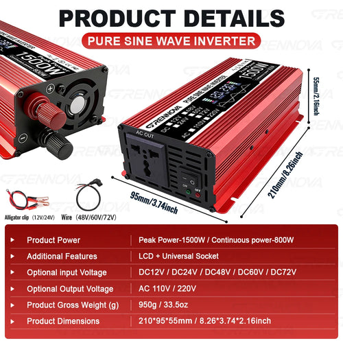 Red 1500W pure sine wave solar power inverter with LCD display, universal socket, and included connection cables.