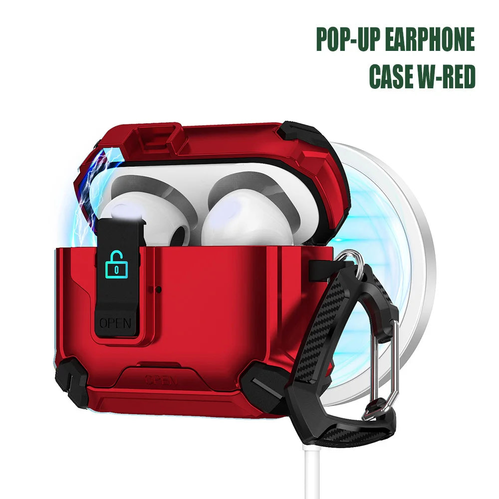 Rugged red shockproof AirPods case with secure locking latch and carabiner clip.