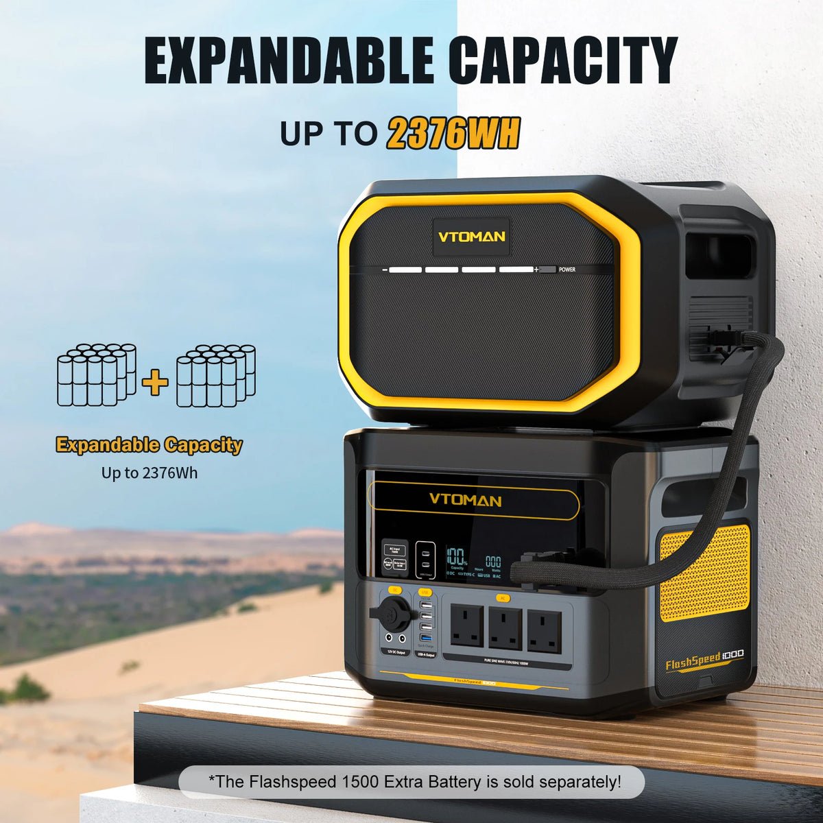 Two VTOMAN portable power stations stacked outdoors, connected by a cable, with desert background.