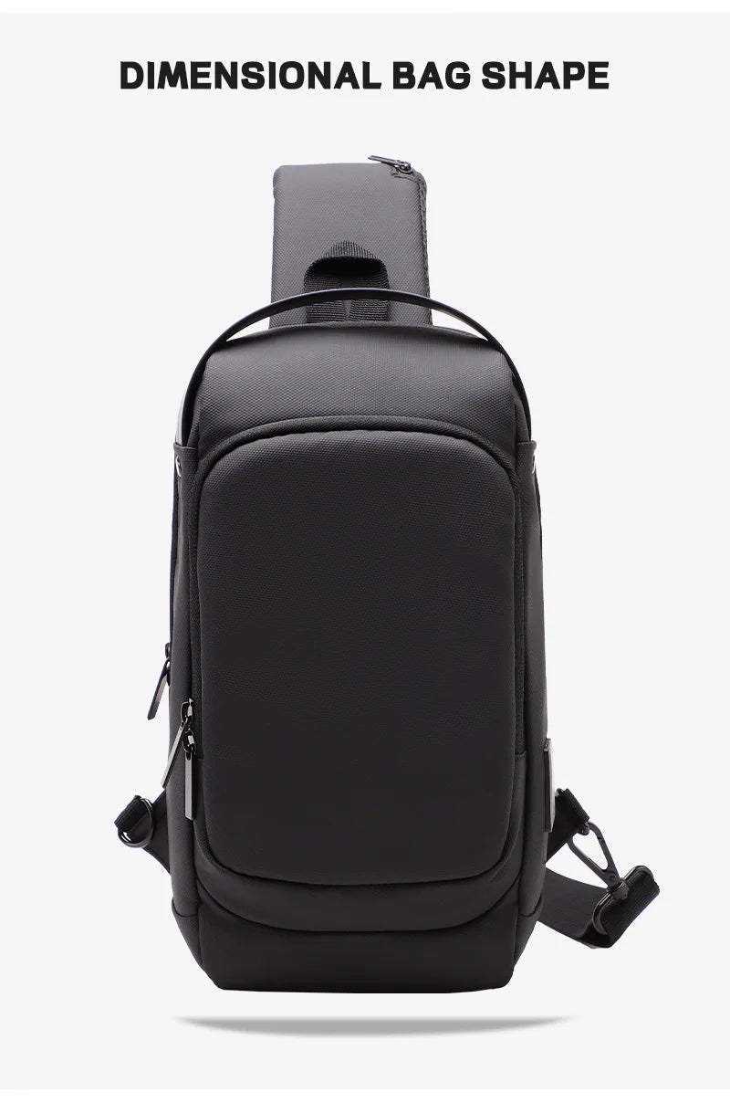 A black, waterproof sling bag with a structured, rounded design, featuring adjustable straps and a USB charging port.