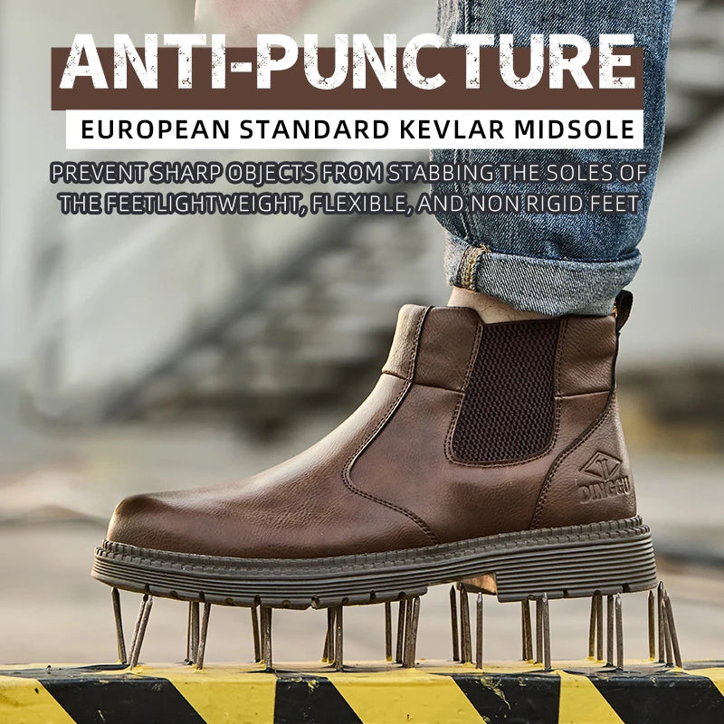 Brown leather safety boot with elastic side panel and thick treaded sole stepping on upright nails.