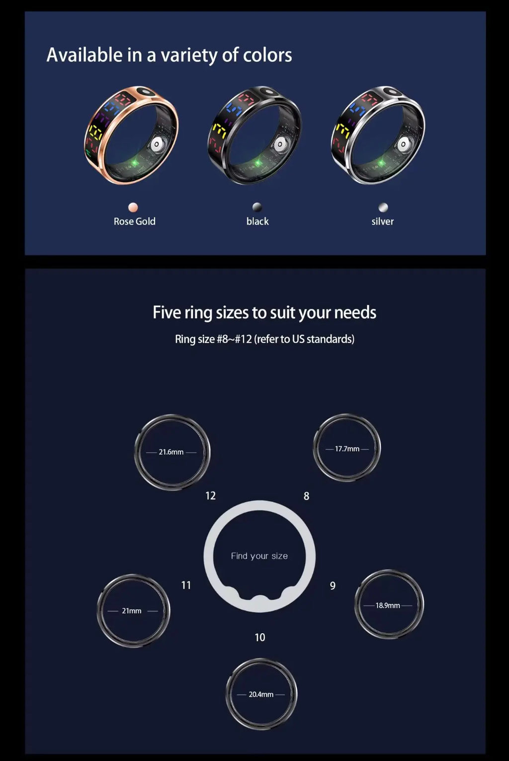 Smart ring with health monitor display in rose gold, black, and silver, showing five available sizes from 8 to 12.