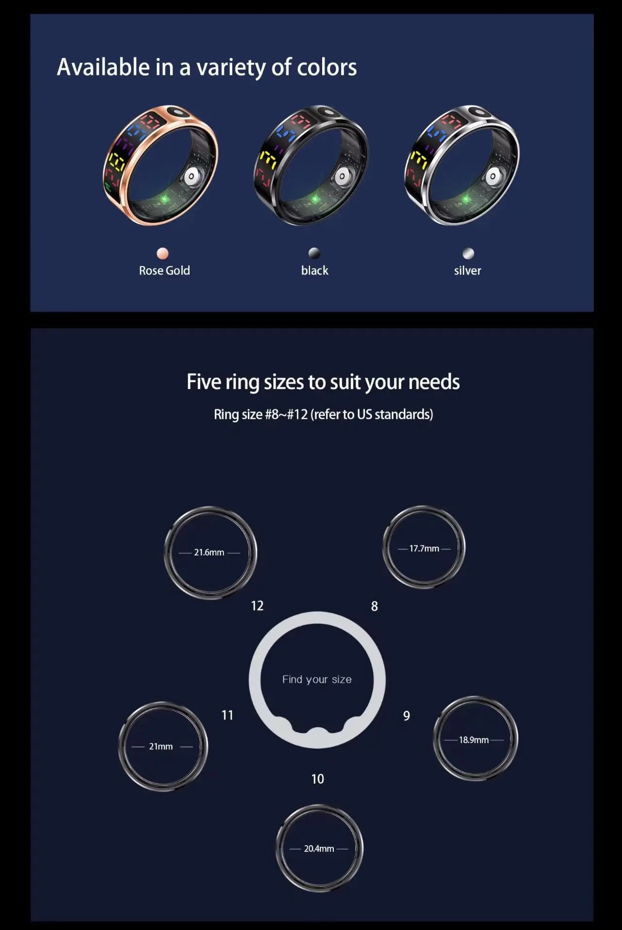 Smart ring with health monitor display in rose gold, black, and silver, showing five available sizes from 8 to 12.