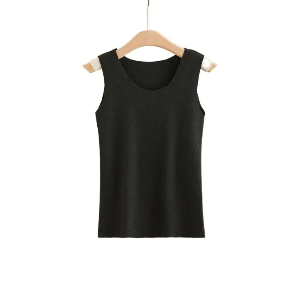 Black sleeveless tank top with a classic scoop neckline, hanging on a wooden hanger.