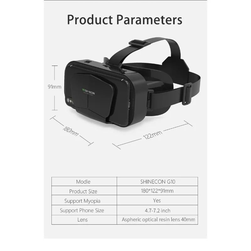 Black smartphone VR headset with an adjustable head strap and 40mm aspheric lenses, suitable for 4.7–7.2 inch phones.