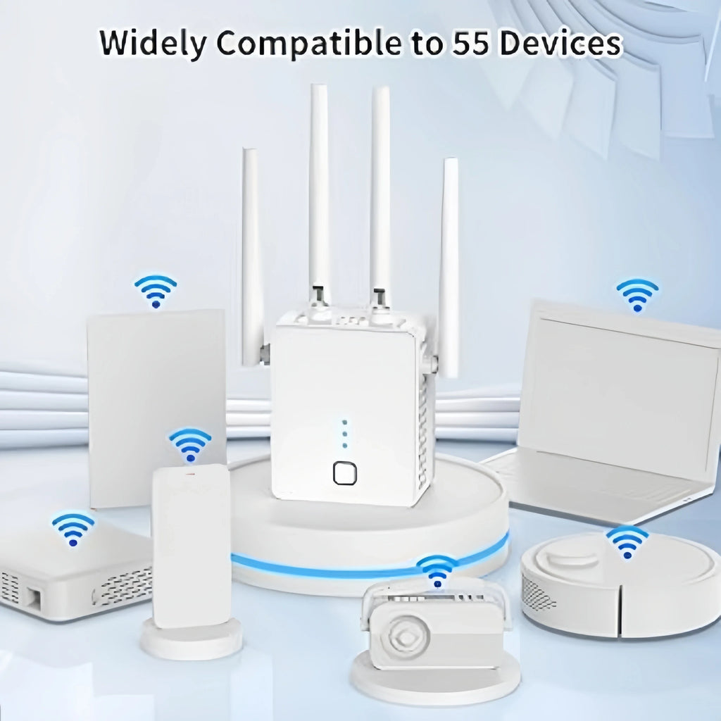 White 1200Mbps WiFi repeater with four antennas, surrounded by various connected white electronic devices.