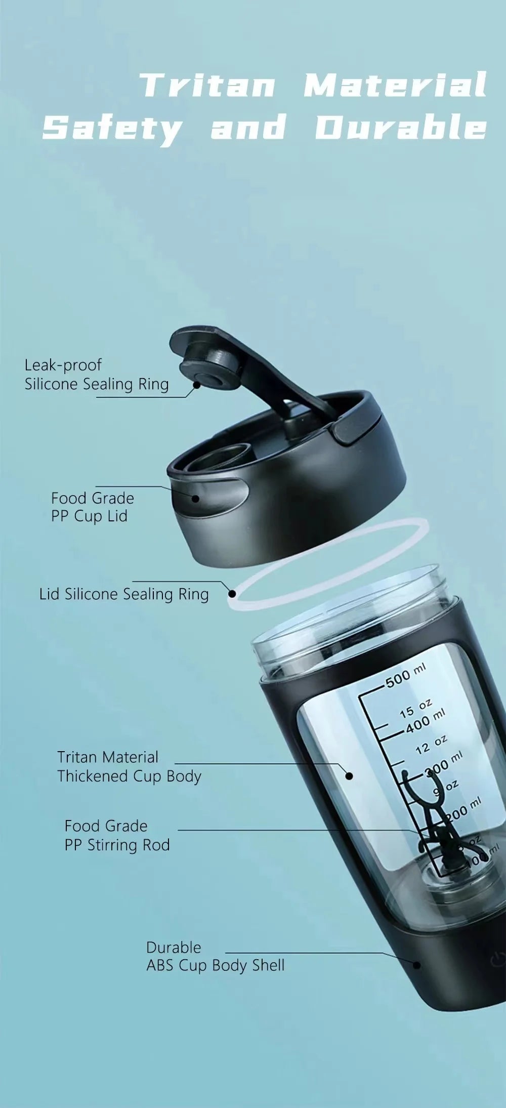 Black portable electric shaker bottle with a clear, marked measuring body and detailed parts diagram.