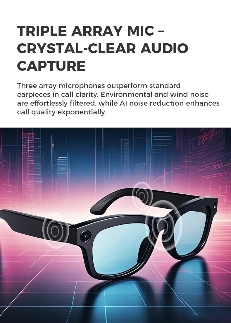 Black smart recording glasses with HD camera and built-in microphone array, set against a neon city background.