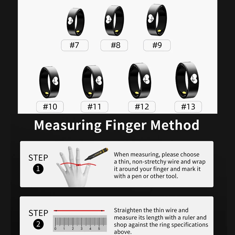 Black intelligent health tracking smart rings in sizes 7 to 13, with a guide on how to measure your finger size.