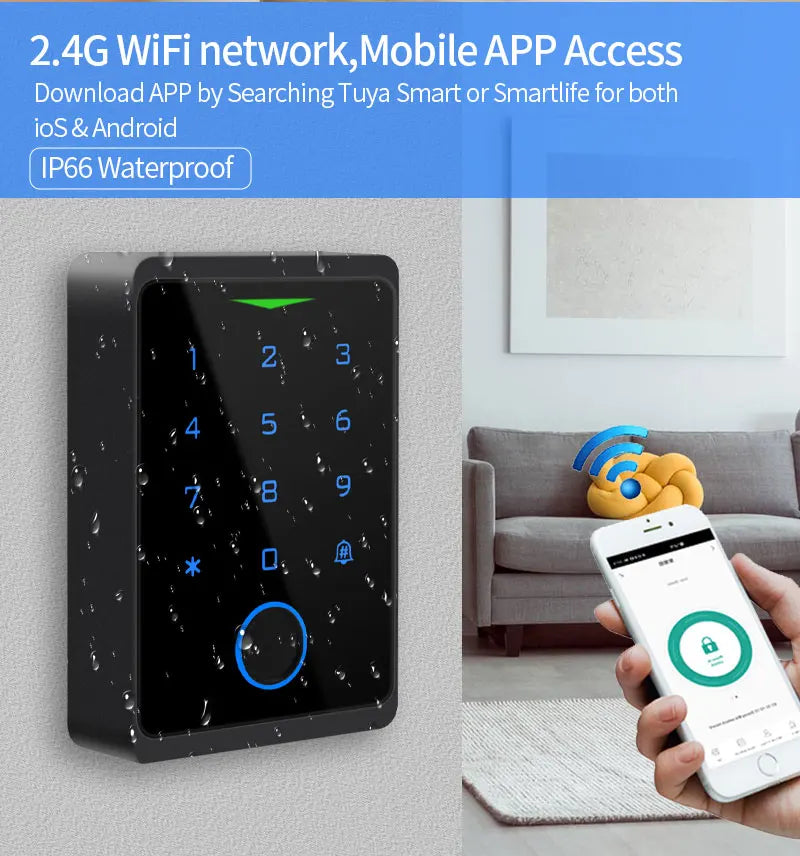 Black, waterproof metal smart door keypad with touch interface, fingerprint scanner, and WiFi mobile app connectivity.