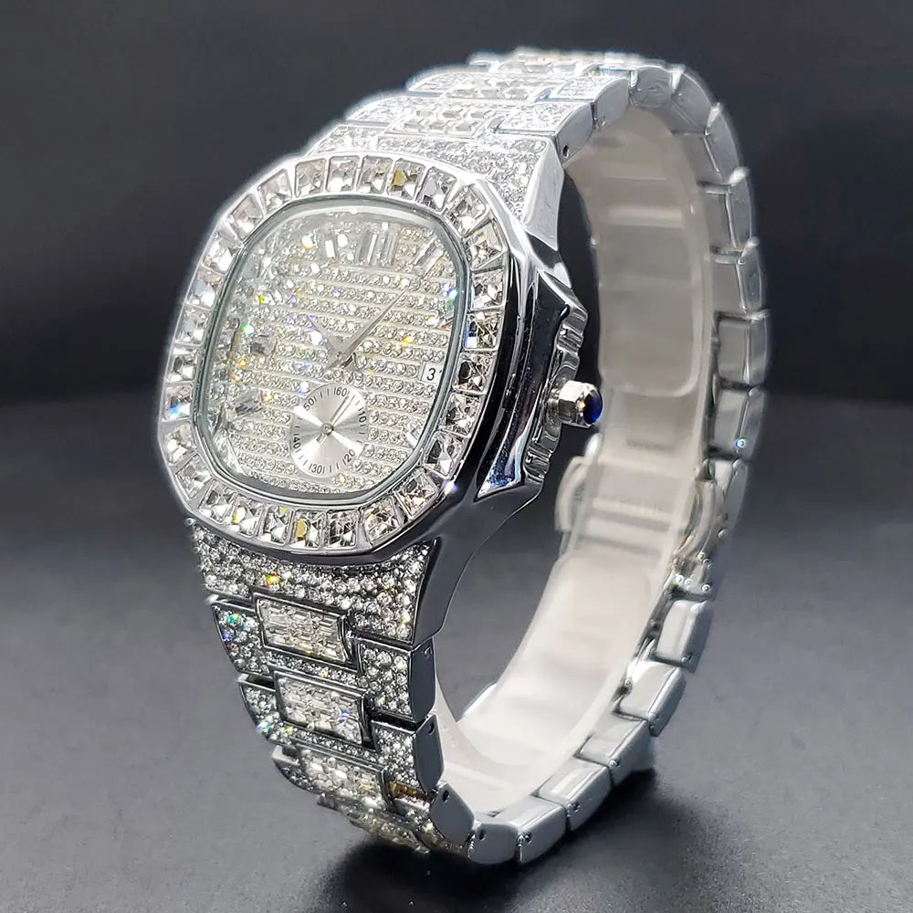 Silver iced-out men's quartz wristwatch with a pavé-set diamond dial, bezel, and link bracelet.