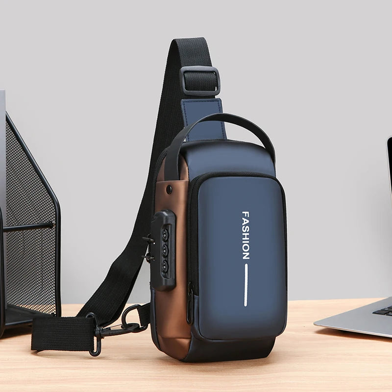 Blue and bronze anti-theft crossbody chest bag featuring a built-in combination lock and USB charging port.