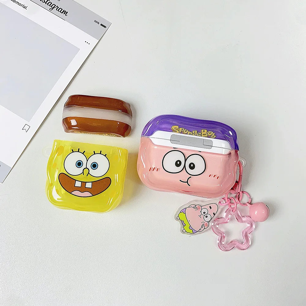 SpongeBob and Patrick silicone AirPods cases with character charms and keychains, white background.