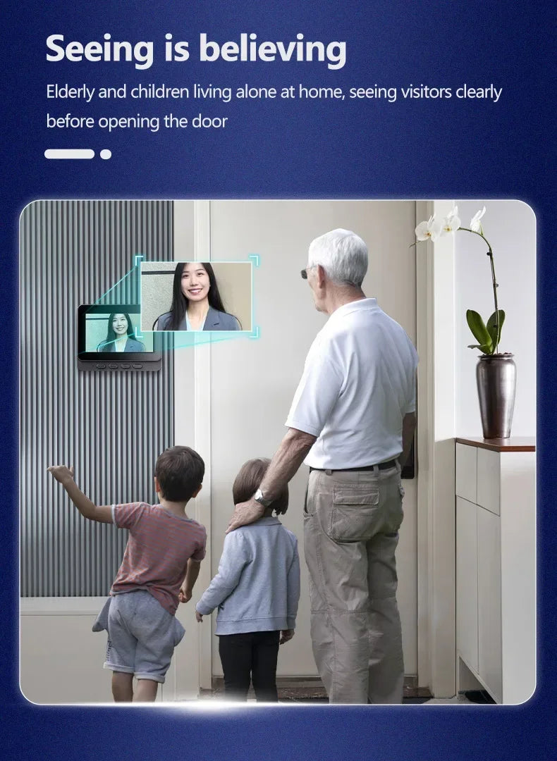 A black wireless doorbell with a 4.3-inch screen showing a visitor, viewed by an elderly man and two children indoors.