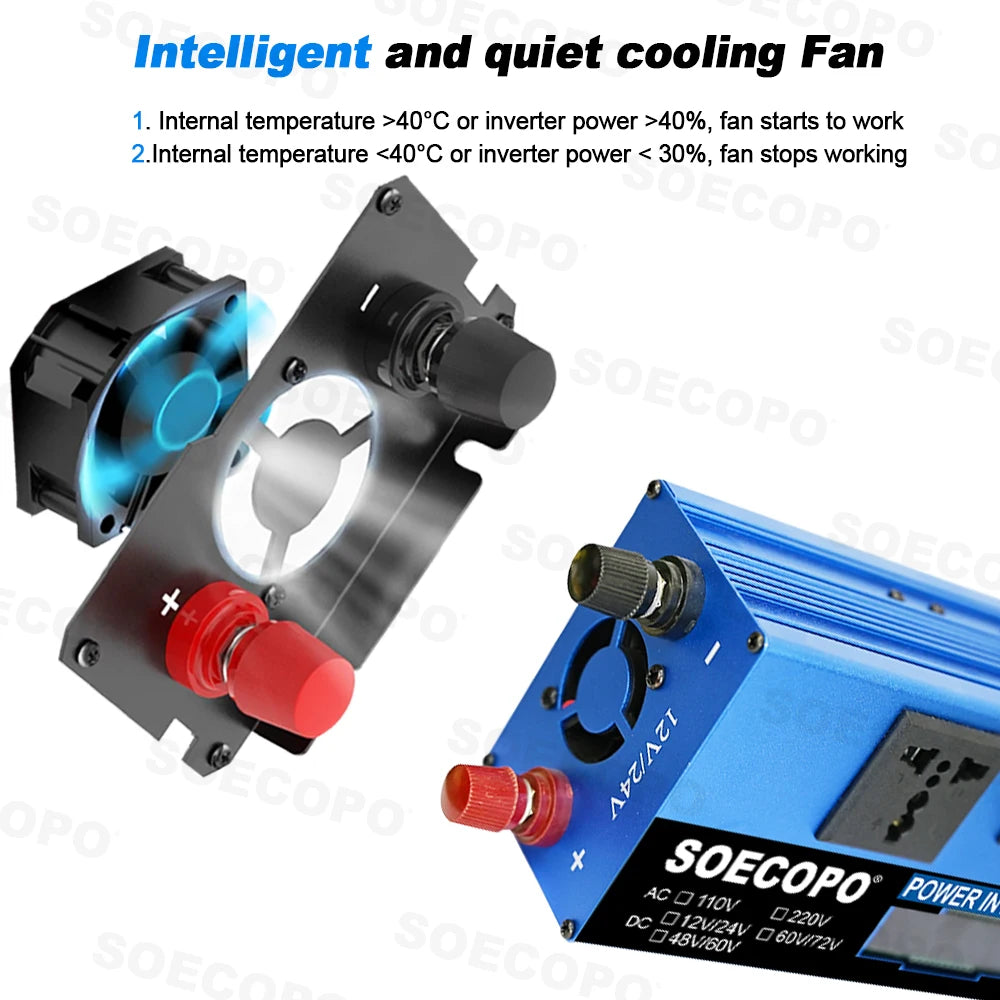 Blue car power inverter featuring an intelligent cooling fan system and clearly marked positive and negative terminals.