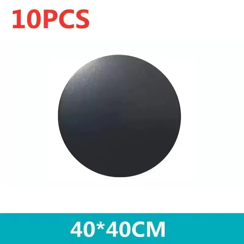 A pack of 10 matte black circular signs, each measuring 40cm by 40cm.