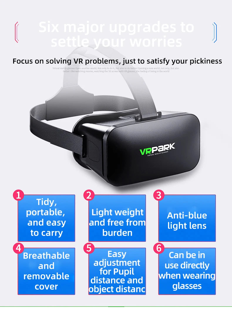 Black virtual reality headset with an adjustable strap, shown with a six-point feature list on a white background.