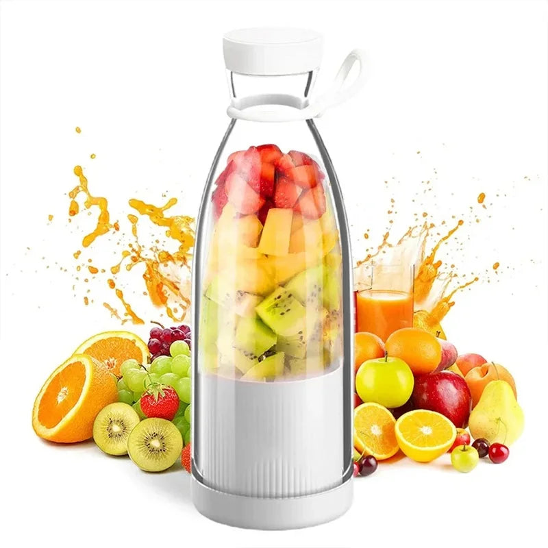 Portable white personal blender bottle filled with fresh sliced fruit, surrounded by a splash of juice and whole fruits.
