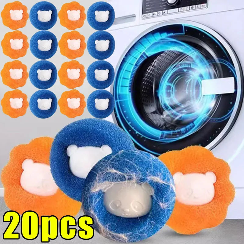 Pack of 20 blue and orange foam washing machine hair removal sponges with cute bear faces.
