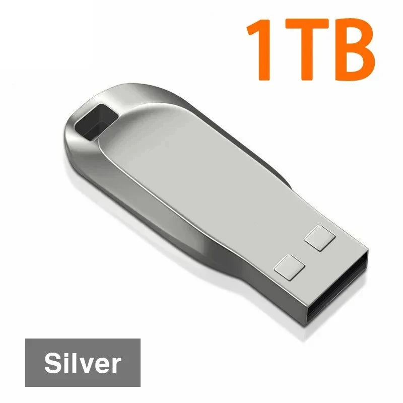 Sleek silver portable flash drive with a keyring loop, shown with 1TB capacity text.