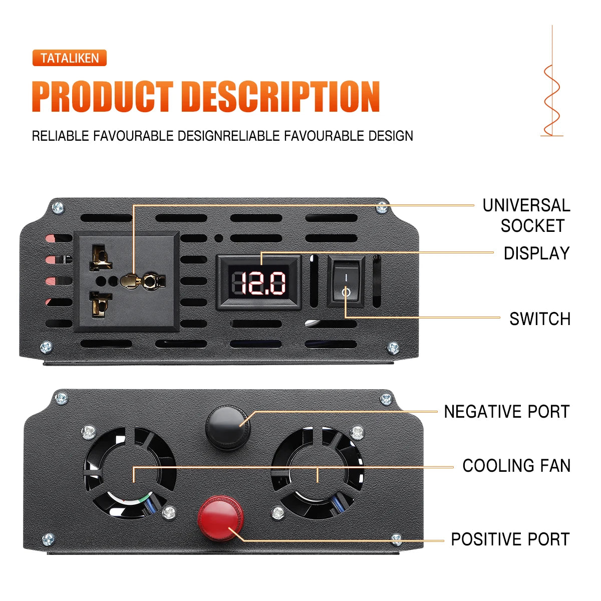 Black pure sine wave inverter showing front universal socket, digital display, switch, cooling fans, and power ports.