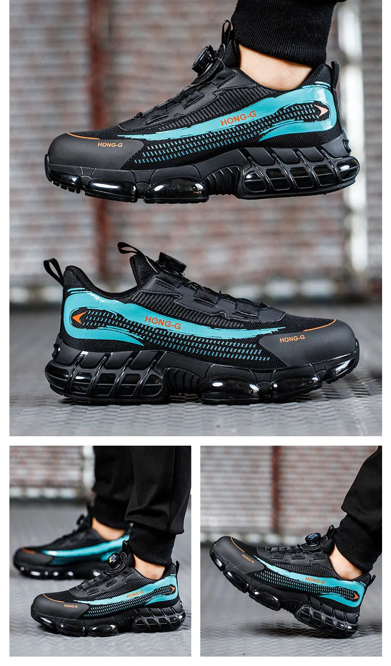 Black and teal men’s safety trainers with a steel toe, chunky sole, and dial lacing system on a workshop background.