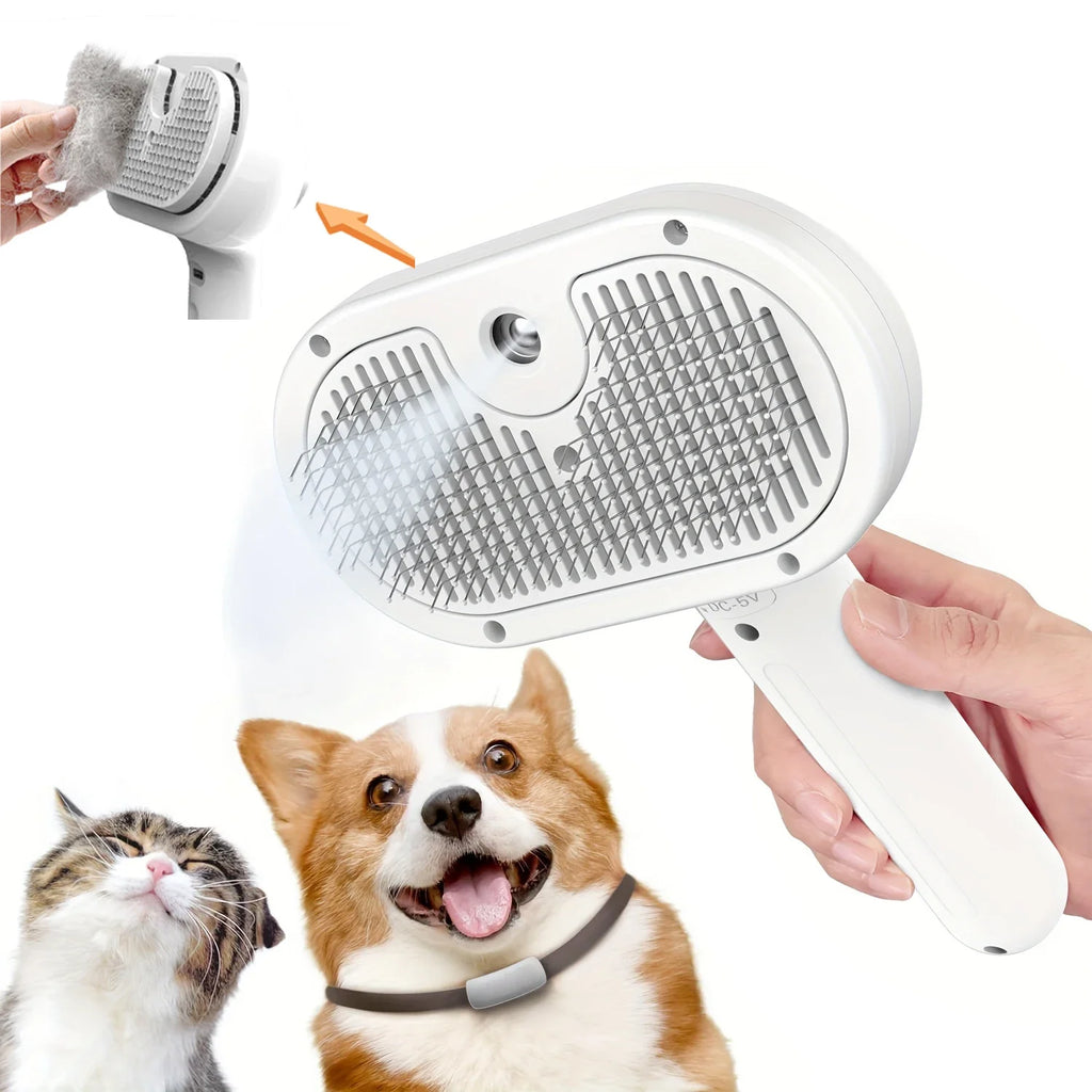 White handheld pet grooming brush with steam mist, stainless steel pins, and a one-click hair removal feature.