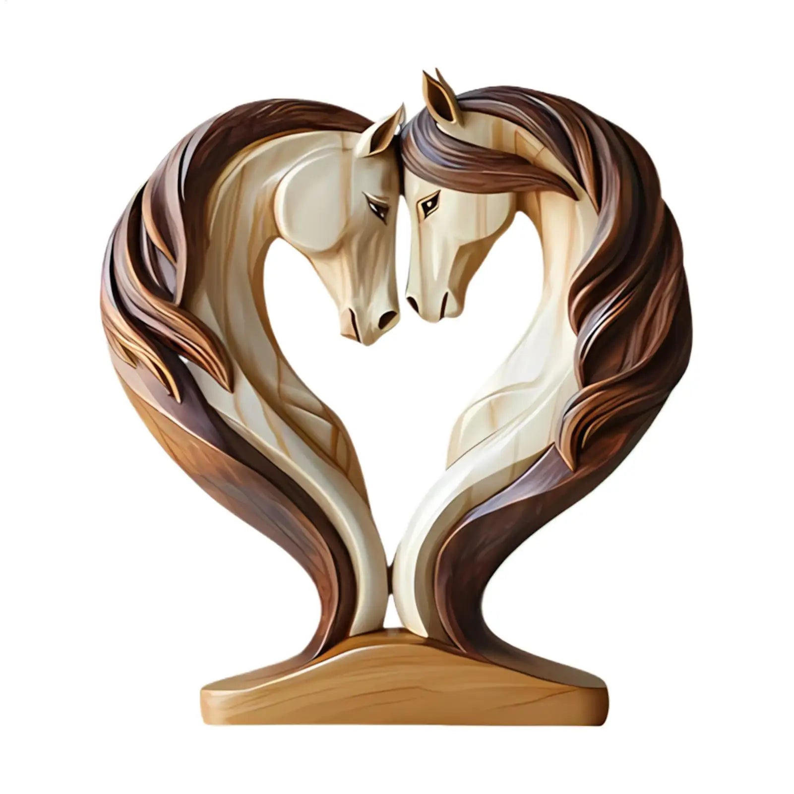 Decorative wooden ornament featuring two horses in a heart-shaped silhouette with smooth, light and dark wood tones.