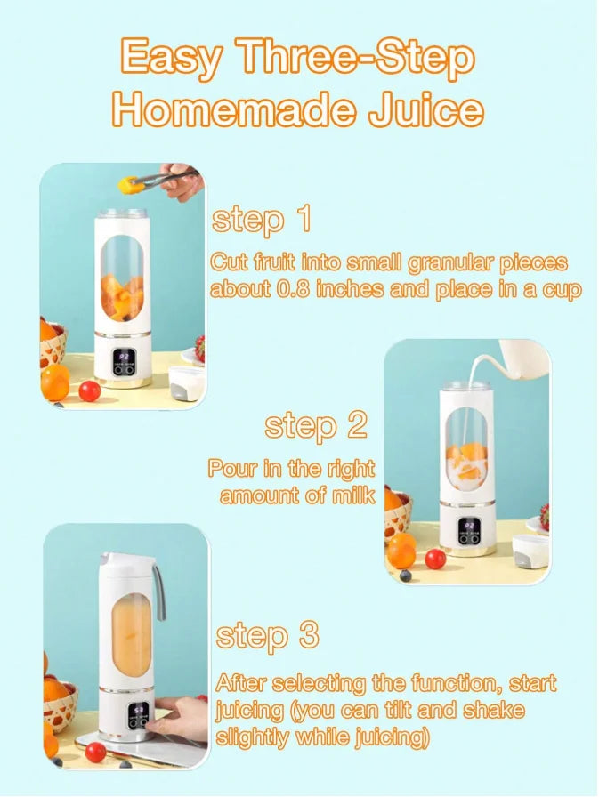 White portable electric blender cup shown in a three-step guide for making fresh juice with fruit and milk.
